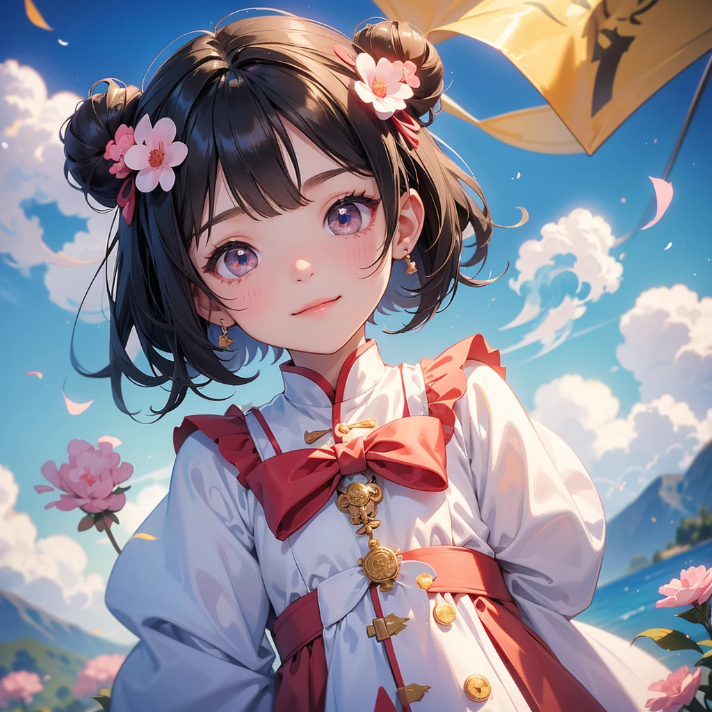 A chibi child girl had a small face and Wearing a white little Taoist priest's outfit. A pair of big round eyes shone with curiosity about him. This child was so cute!, Burning joss paper and gold paper for the departed spirits, her hair is black with two buns on her hair.small chibi, chibi baby, smiling.The little chibi baby looked up with his chest raised, and his face was old and proud.

Standing in the middle of pink carnations, behind which are mountains, there are low clouds floating in the blue sky.

 
