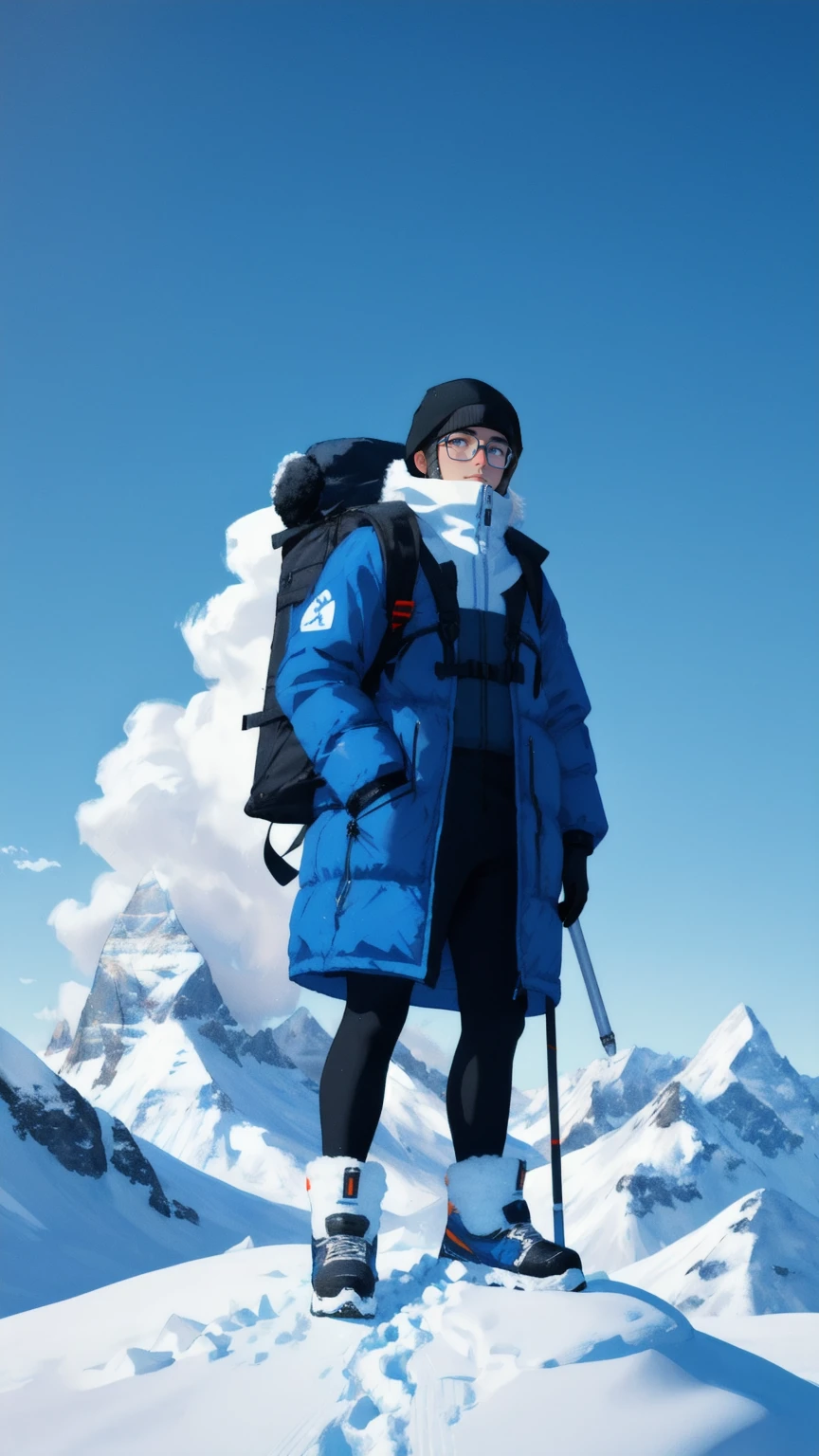 A determined penguin stands on a snow-covered mountain peak, wearing a large backpack labeled "Crypto Winter Survival Kit" with various cryptocurrency symbols. The penguin gazes out over a vast, icy landscape under a clear blue sky, with snow gently falling around it. In the snow at its feet, there are survival tools, including a can labeled "Crypto Survival," partially buried in the snow. The background is a breathtaking panorama of snow-capped mountains, all bathed in the cold, crisp light of a clear blue day, emphasizing the harsh yet beautiful environment of the "Crypto Winter.