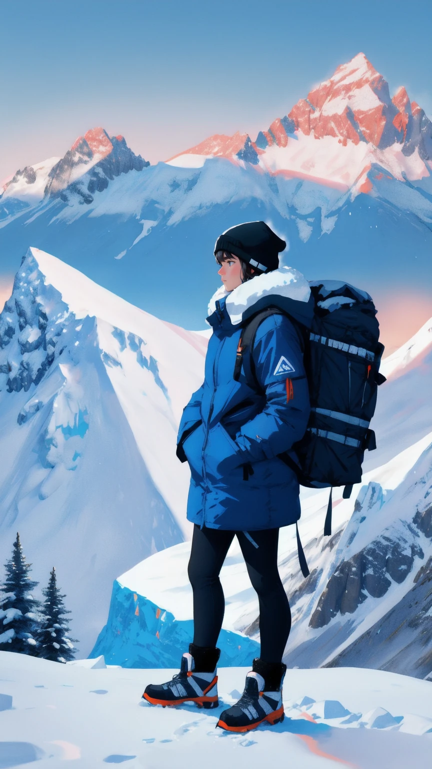 A determined penguin stands on a snow-covered mountain peak, wearing a large backpack labeled "Crypto Winter Survival Kit" with various cryptocurrency symbols. The penguin gazes out over a vast, icy landscape under a clear blue sky, with snow gently falling around it. In the snow at its feet, there are survival tools, including a can labeled "Crypto Survival," partially buried in the snow. The background is a breathtaking panorama of snow-capped mountains, all bathed in the cold, crisp light of a clear blue day, emphasizing the harsh yet beautiful environment of the "Crypto Winter.