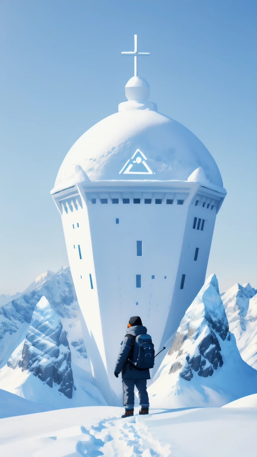 A determined penguin stands on a snow-covered mountain peak, wearing a large backpack labeled "Crypto Winter Survival Kit" with various cryptocurrency symbols. The penguin gazes out over a vast, icy landscape under a clear blue sky, with snow gently falling around it. In the snow at its feet, there are survival tools, including a can labeled "Crypto Survival," partially buried in the snow. The background is a breathtaking panorama of snow-capped mountains, all bathed in the cold, crisp light of a clear blue day, emphasizing the harsh yet beautiful environment of the "Crypto Winter.