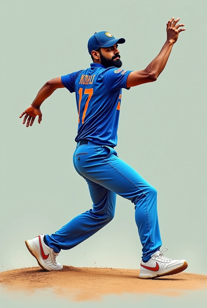 Cricket player Virat Kohli in blue jersey with INDIA written on the back and white sneakers pitching from behind,The center of gravity is on the right foot and the right leg is bent at the knee,Lift your left knee,Upper body slightly twisted to the left,Right hand ball,Raise your left hand to the left front,drop shadow, anaglyph, stereogram, tachi-e, ass pov, atmospheric perspective, 8k, super detail, best quality