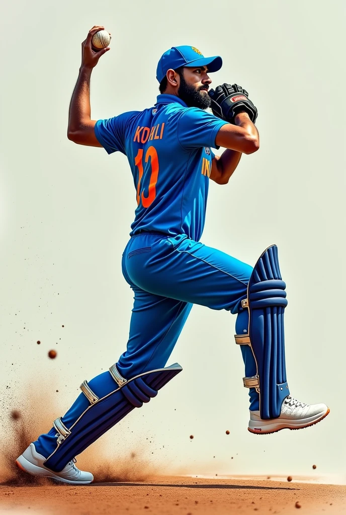 Cricket player Virat Kohli in blue jersey with INDIA written on the back and white sneakers pitching from behind,The center of gravity is on the right foot and the right leg is bent at the knee,Lift your left knee,Upper body slightly twisted to the left,Right hand ball,Raise your left hand to the left front,drop shadow, anaglyph, stereogram, tachi-e, ass pov, atmospheric perspective, 8k, super detail, best quality