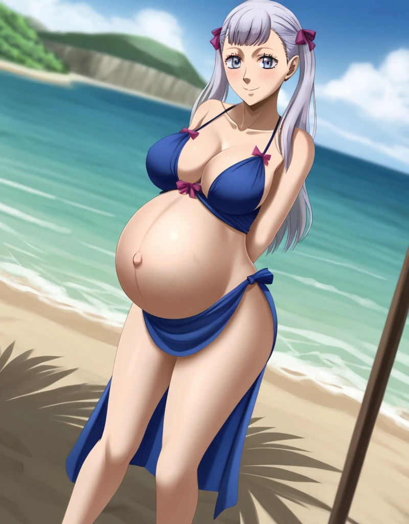 noelle_blackclover, Noelle Silva, Black Clover, long silver hair, waist-length hair, half-up half-down hairstyle, ribbon, side-parted bangs, almond-shaped blue eyes, high-quality, ultra-detailed, beast quality, 8K resolution,
looking at viewer, dutch angle, cowboy shot, smile, pregnant belly, large belly, big belly, big Breasts, belly button,
1girl,solo, indoors, beach, happy, Smiling, rub belly,
full body, Nail polish,