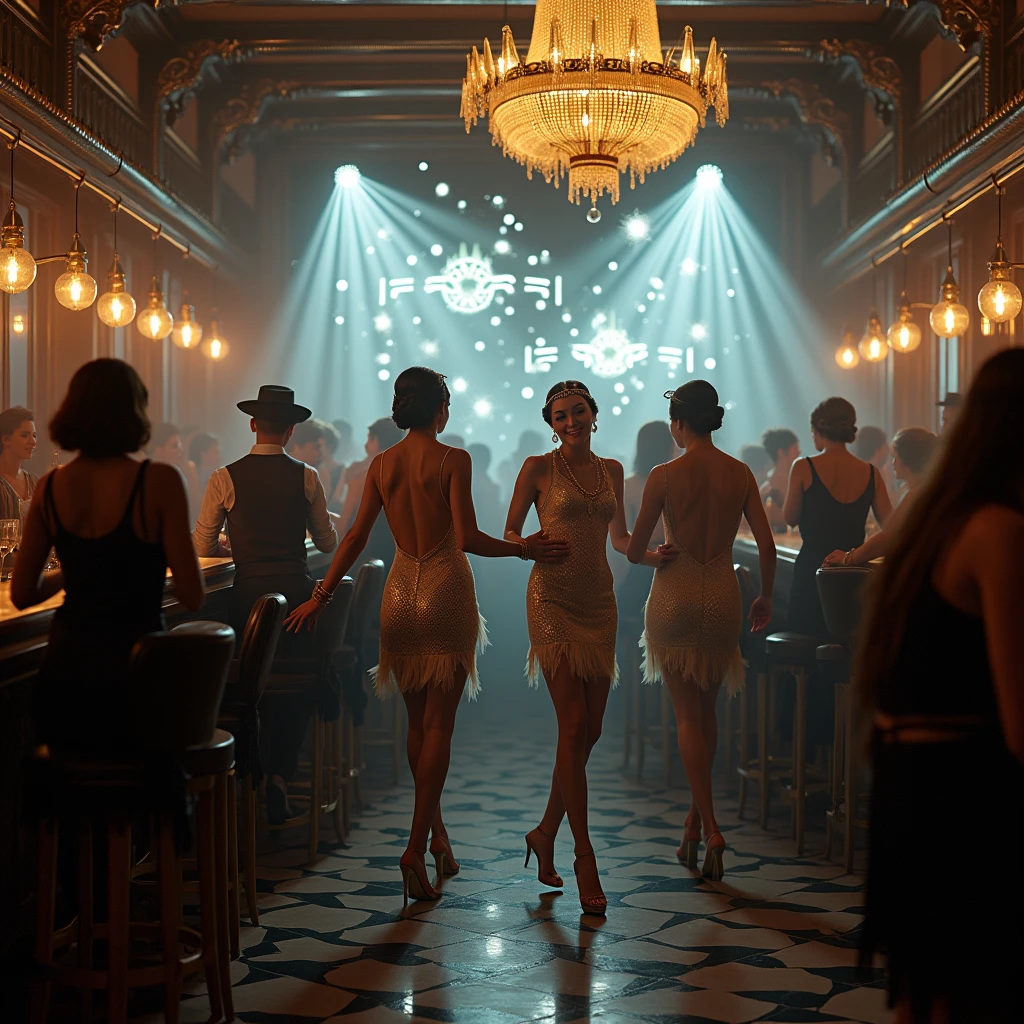 A jazz club in the roaring '20s with flappers dancing among holographic projections.
