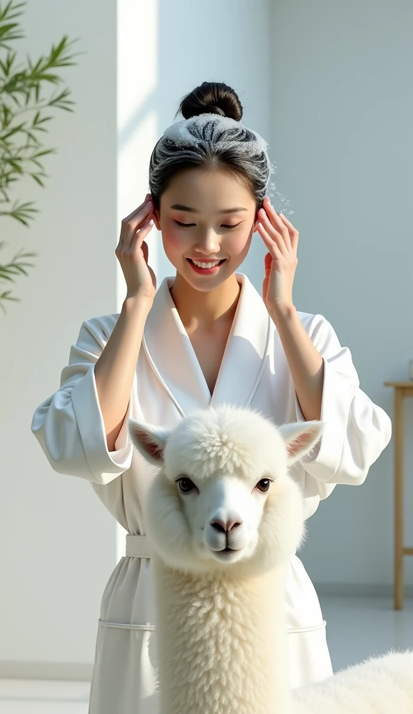 Create an Asian beauty,Standing on the ground,Hair in a bun,Beautiful beautiful big eyes,Regular facial features,Wearing a white satin bathrobe,Scratch your scalp with both hands,Two hands washing hair on top of head,There is a lot of real white foam and water on the hair,Foam wrap head,Real bubbles,Open your eyes,The expression is happy,The characters are realistic and realistic,There is a pure white cute alpaca next to it,(Showing the whole body of the alpaca)Pure white high-end bathroom background,Character front position,9:16 frames,Ultra-high-definition picture quality