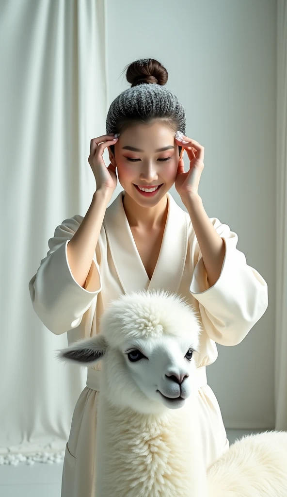 Create an Asian beauty,Standing on the ground,Hair in a bun,Beautiful beautiful big eyes,Regular facial features,Wearing a white satin bathrobe,Scratch your scalp with both hands,Two hands washing hair on top of head,There is a lot of real white foam and water on the hair,Foam wrap head,Real bubbles,Open your eyes,The expression is happy,The characters are realistic and realistic,There is a pure white cute alpaca next to it,(Showing the whole body of the alpaca)Pure white high-end bathroom background,Character front position,9:16 frames,Ultra-high-definition picture quality
