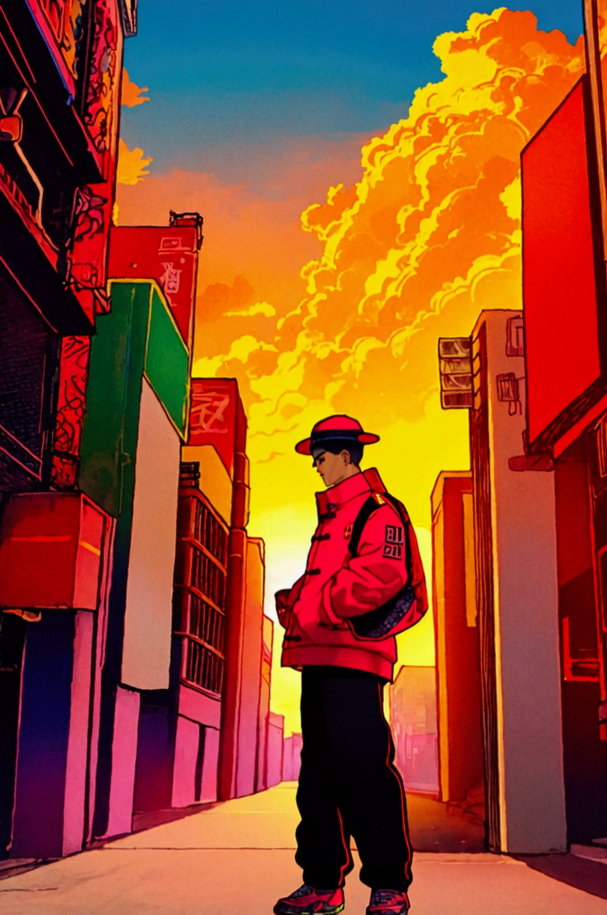 Album Artwork of an urban landscape featuring a psychedlic sunset with VIBRANT COLORS AND a boy of 20 years in the center swearing urban clothes with a chinesse douli hat without revealing his face.