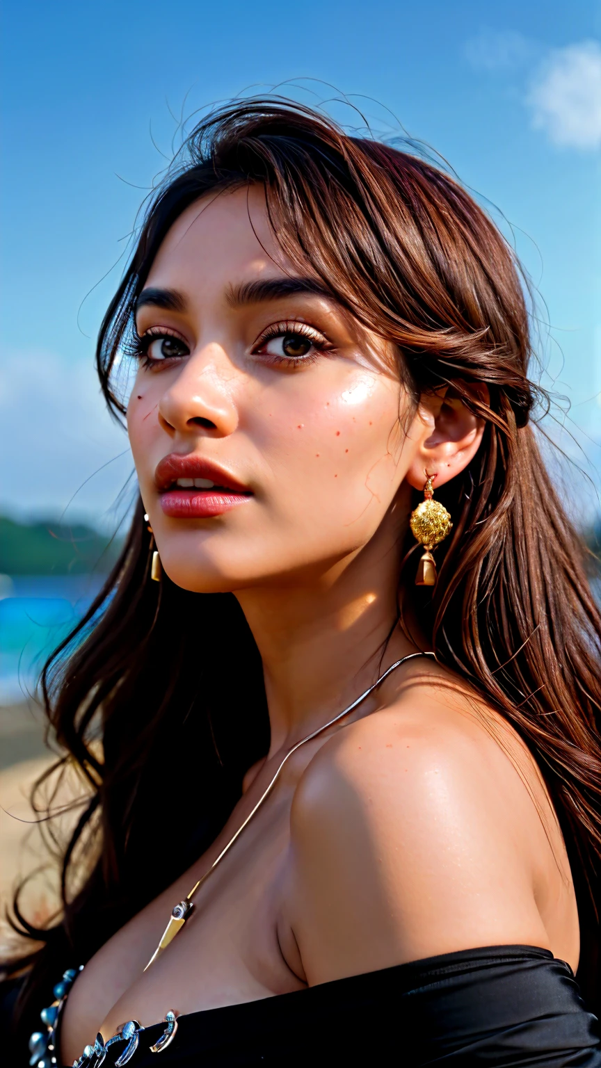 half body ((vivid brown hair)), mature indian woman, large breasts, 20 years old, diamond face, headphone on head, is enjoying the music,moonlight, red starry sky background, depth of field, magic, big red lips, ((dark black eyes)) black and red long and full dress, covered chest, mystical atmosphere, ominous shadows, Intense blue aura, Intense red aura (best quality:1.2), absurdres, intricate details, (highly detailed skin:1.2), smile expression, posing, taut and well defined body, attractive. Highly realistic, brown skin, beautiful, hyperrealism, skin very elaborated, direct gaze, (RAW, analogue, Nikon Z 14mm ultra-wide angle lens, award-winning glamour photograph, ((best quality)), ((masterpiece)), ((realistic)), skin pores, subsurface scattering, high-res, detailed facial features, high detail, sharp focus, smooth, aesthetic, extremely detailed, (extremely detailed eyes, extremely detailed iris), extremely detailed hair, extremely detailed skin, extremely detailed clothes, octane render, photorealistic, realistic, post-processing, max detail, realistic shadows, roughness, natural skin texture, real life, ultra-realistic, photorealism, photography, 8k UHD, photography, hdr, intricate, elegant, highly detailed, sharp focus, stunning, beautiful, gorgeous), realistic, masterpiece, highest quality, movie still, cloud girl, floating in the sky, (close-up:1.1), medium breast, bright, happy, fun, soft lighting,