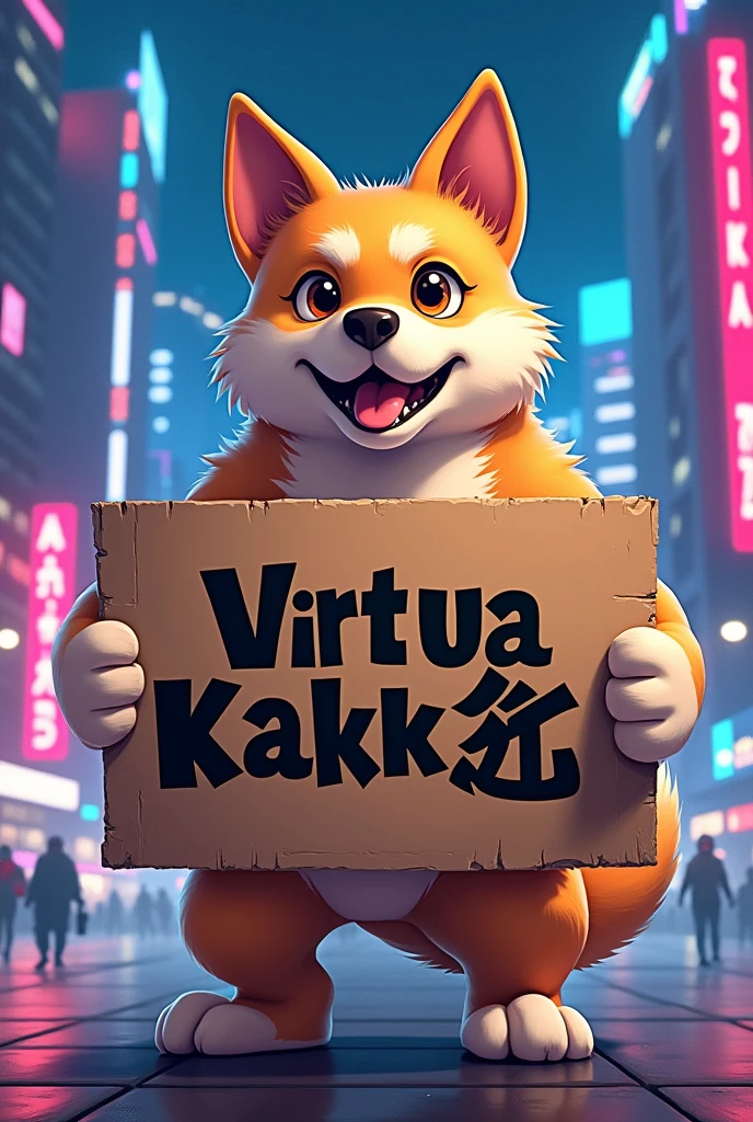 dog holds a sign that says "Virtua Fighter" and sanrin kakka