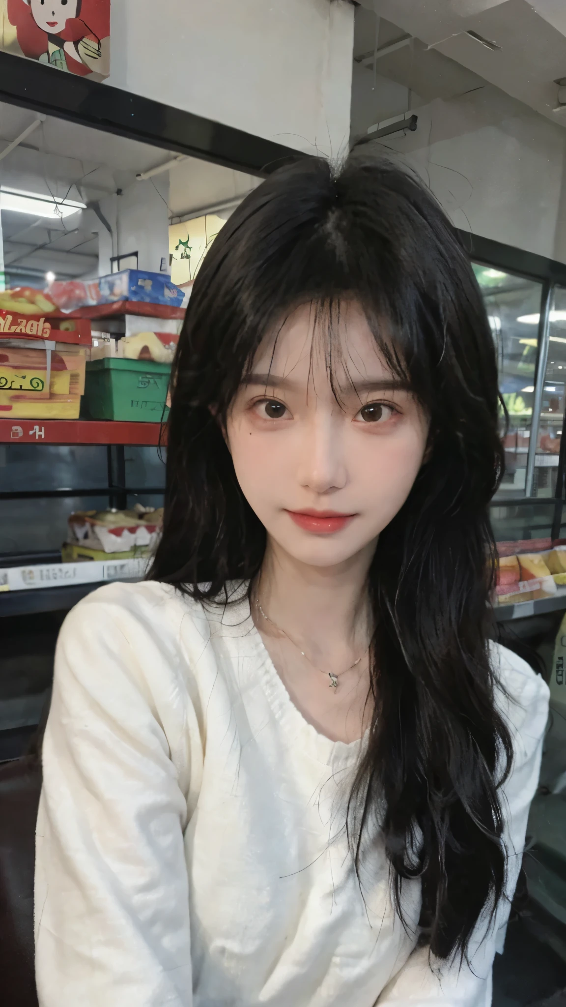 Best quality，Ultra-high resolution,(Realism:1.4)，Cute hairpins，girll,Cropped black sweater，wear mask，Look directly at the audience，Full of atmosphere，Beautiful woman with a slim figure:1.4，supermarket，whole body，Super delicate face，Exquisite eyes，Double eyelids，necklace