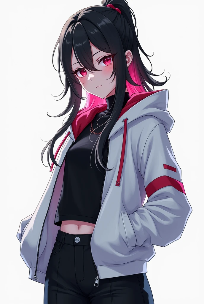 (masterpiece, best quality, ultra-detailed), (beautiful detailed face), (beautiful detailed eyes), (beautiful detailed hands), high contrast, (best illumination, an extremely delicate and beautiful), hyper detail, intricate details, (1 girl, solo, multicolor black and white hair, sharp face, long hair, red eyes, hair between eyes), a woman in a white open hooded jacket and black pants, single character full body, full body concept, futuristic anime style modern