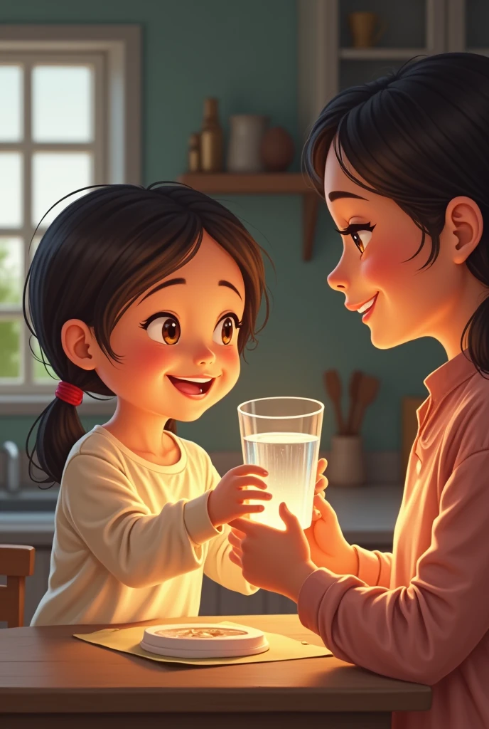 A girl gives her mother a glass of water 