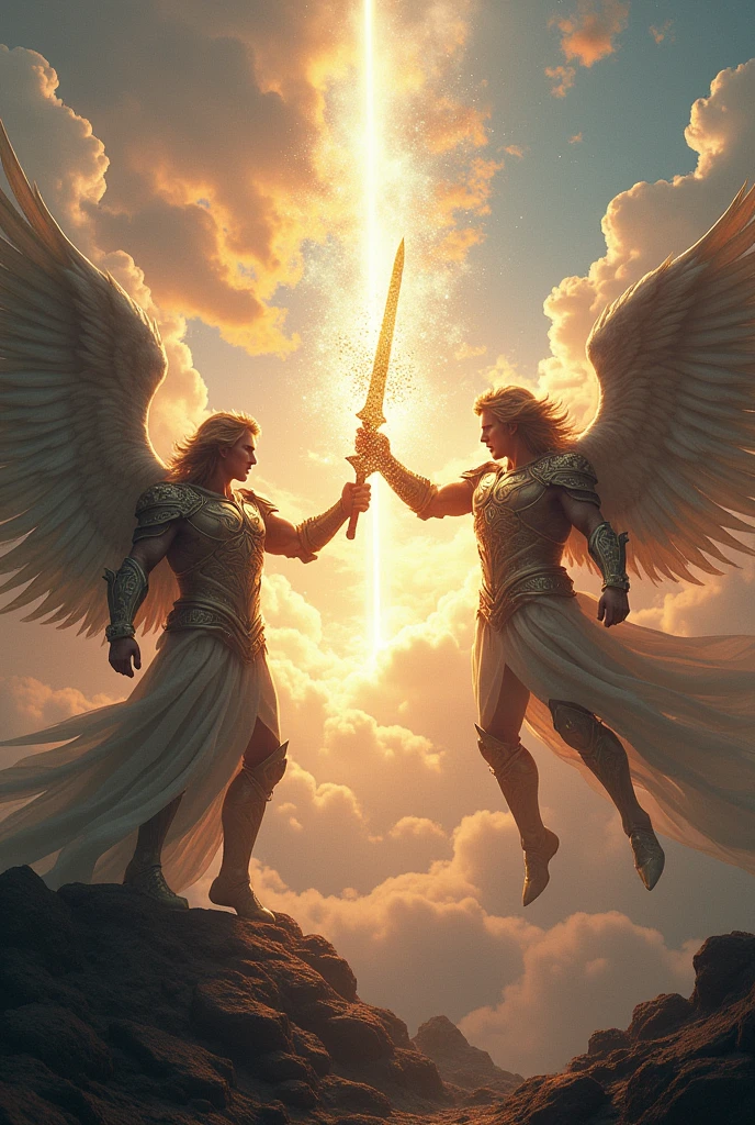 A fantasy world, Archangel Michael fighting against archangel Lucifer with holy swords while Lucifer's has corrupted holy blade