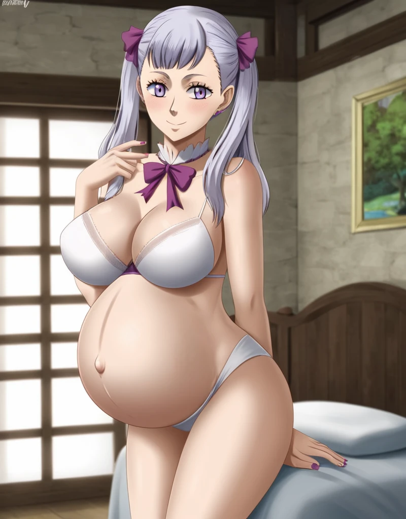 noelle_blackclover, Noelle Silva, Black Clover, long silver hair, waist-length hair, half-up half-down hairstyle, ribbon, side-parted bangs, almond-shaped blue eyes, high-quality, ultra-detailed, beast quality, 8K resolution,
looking at viewer, dutch angle, cowboy shot, smile, pregnant belly, large belly, big belly, big Breasts, belly button,
1girl,solo, indoors, happy, Smiling, rub belly,
full body, Nail polish,