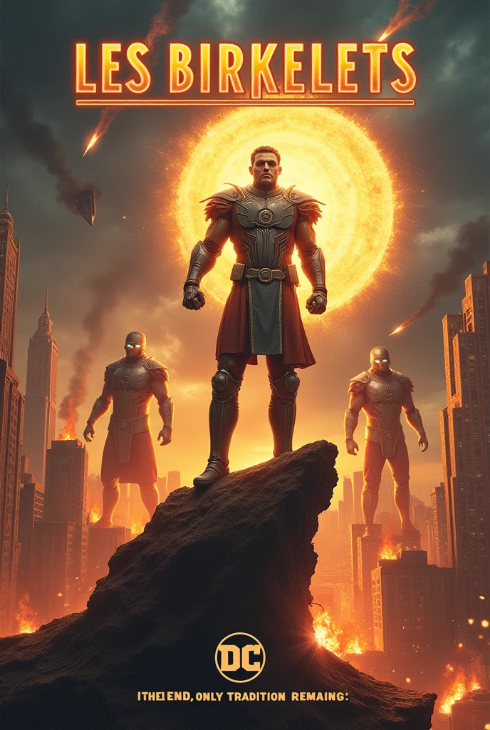 Design an epic, futuristic, and apocalyptic advertising poster for 'Les Birkelets,' a traditional French wafer brand, in the dynamic style of DC Comics. The scene unfolds in a dystopian future where the world is on the brink of destruction. The sky is a chaotic swirl of dark clouds and fire, with meteors crashing down and entire cityscapes engulfed in flames. Skyscrapers crumble as monstrous creatures, towering and grotesque, emerge from the shadows, their eyes glowing with menacing intent.
At the center of this cataclysmic scene stands a heroic French baker, portrayed as a futuristic warrior. He wears advanced, high-tech armor that gleams with neon lights, a mix of traditional French motifs and cutting-edge technology. A flowing, tattered cape made of metallic fibers billows behind him as he stands atop a broken piece of a once-grand cathedral, now in ruins. In one hand, he brandishes a glowing 'Les Birkelets' wafer, radiating an intense, golden energy that pushes back the encroaching darkness and monsters.
The monsters recoil from the light of the wafer, their grotesque forms illuminated in stark contrast, revealing their terrifying details. Flames and molten lava flow around the baker, but he remains unshaken, a symbol of resilience and tradition amidst chaos.
The brand name 'Les Birkelets' is emblazoned at the top in bold, metallic letters, with electric arcs running through them. The tagline below reads: 'In the End, Only Tradition Remains.' The poster combines the intensity of a world-ending battle with the enduring power of traditional French craftsmanship, all depicted in the high-impact, futuristic style of DC Comics.