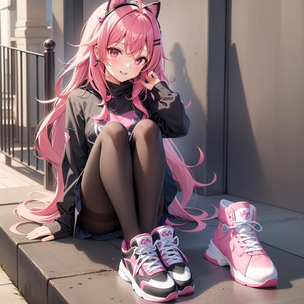 Anime style、1 girl in、Esbian full body、show the smiles、{hairstyle in:(pink hair)、(Longhaire),(antenna hair),(double tail)}、pink eyes、pink hoodie、Four leaf earrings、pink miniskirt、black pantyhose, White high socks、to be in piepink sneakers、Frontal composition