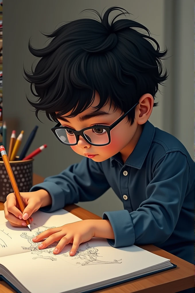 Boy curly black hair glasses wear shirt dark blue pants drawing in draw book