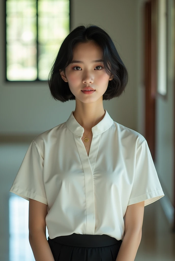 Beautiful girl with smooth skin black short hair, dark eyeshadow, gold pendant wearing a Thai student uniform, a white short-sleeved shirt, a black short skirt standing and posing in a studio Natural Light + Reflection The most realistic picture.