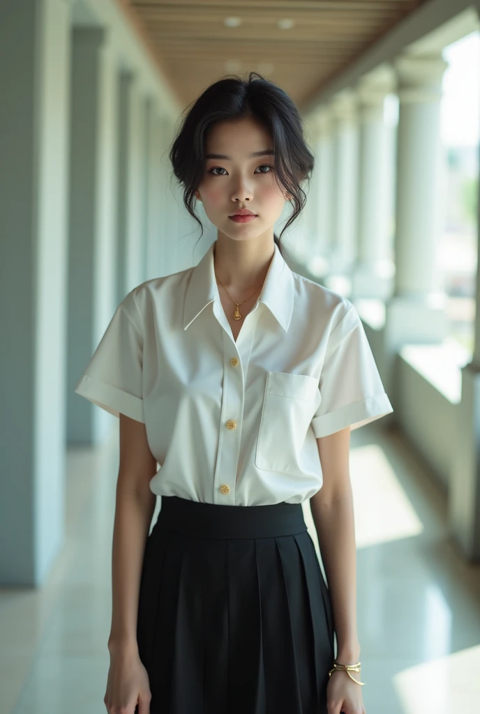 Beautiful girl with smooth skin black short hair, dark eyeshadow, gold pendant wearing a Thai student uniform, a white short-sleeved shirt, a black short skirt standing and posing in a studio Natural Light + Reflection The most realistic picture.