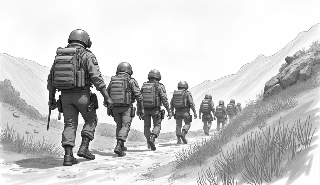 Group of people wearing pubg game dress and entering to the hills  pencil drawing 
