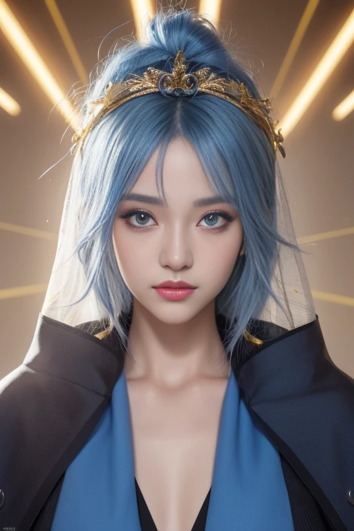 (Extremely detailed Cg Unity 8K wallpaper),(Masterpiece), (Best quality), (Ultra-detailed), (Best Illustration),(Best shadow), (Sharp eyeliner, eye shadows, Detailed eyes:1.1),, , Break, IWS2000, look at viewer, double eyelid, ash blue hair, gold eyes color, cover with veil, messy pony hair, ultra-detailed eyes