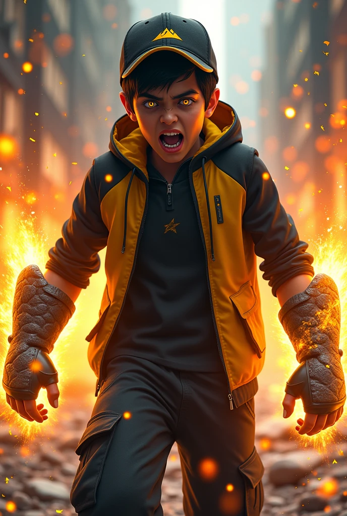 Malaysia man. real teenage age . 15 Malaysia Indonesia. (Yello eyes) Anger face. Open mouth . wearing an (black yellow ) zip-up shirt. Hoodie. Black stripe yellow. Lava design black orange shirt, (black yellow ) cap with small (mountain) logo, detailed face. Glowing eyes.. black cargo pant , cinematic lighting, dramatic atmosphere, vibrant colors, 8k, high quality, photorealistic. Hero suit. (Earthquake come from his hand.wear two big gaunlet made from cracking rock color black yellow glowing .jeans pants. Very strong. Future design dress. Very epic. Earthquake everywhere. Shaking photography effect. Floating rock everywhere. The man Punch the land . Cracking road.