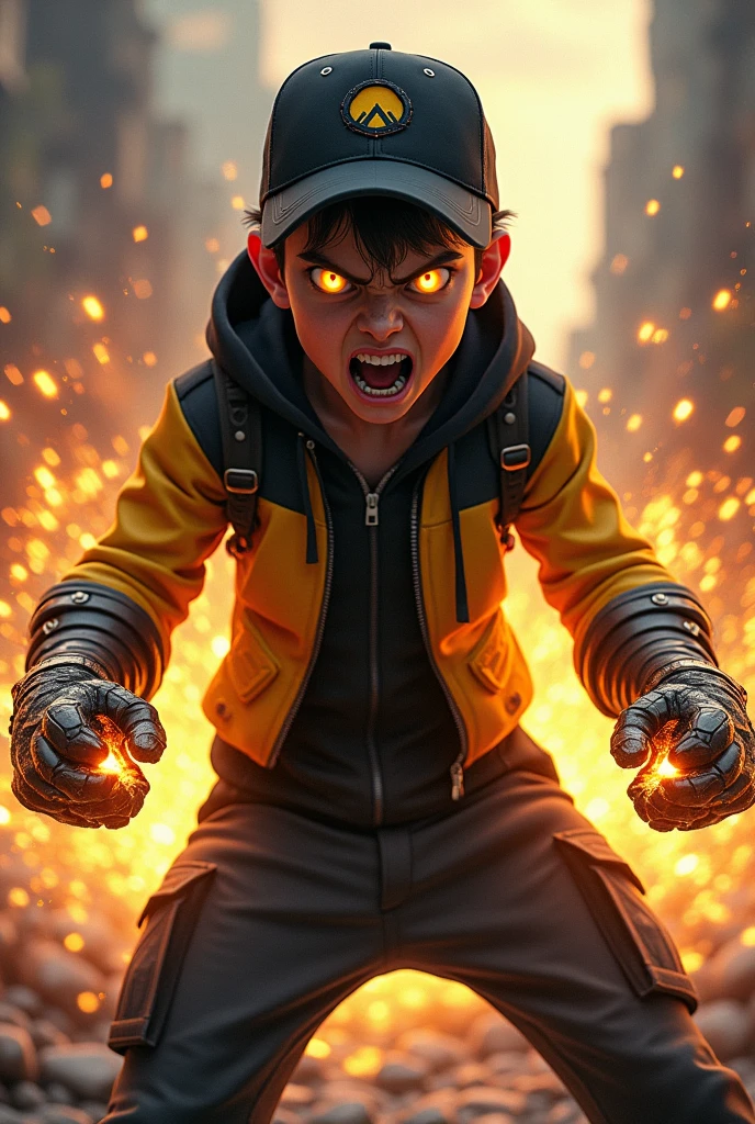 Malaysia man. real teenage age . 15 Malaysia Indonesia. (Yello eyes) Anger face. Open mouth . wearing an (black yellow ) zip-up shirt. Hoodie. Black stripe yellow. Lava design black orange shirt, (black yellow ) cap with small (mountain) logo, detailed face. Glowing eyes.. black cargo pant , cinematic lighting, dramatic atmosphere, vibrant colors, 8k, high quality, photorealistic. Hero suit. (Earthquake come from his hand.wear two big gaunlet made from cracking rock color black yellow glowing .jeans pants. Very strong. Future design dress. Very epic. Earthquake everywhere. Shaking photography effect.