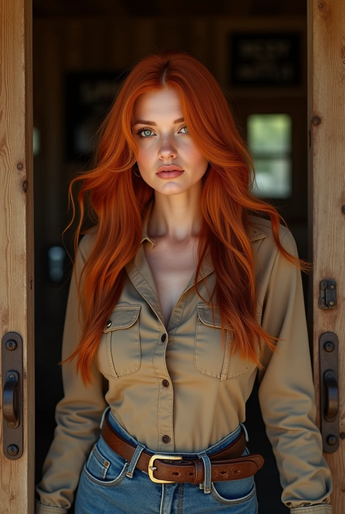 ultra realistic, photography, long straight red hair, (30 years old, hourglass figure, perfect body, natural medium breasts), shiny pink lips, Long eye lashes, Award Winning Glamour Photograph extremely detailed award winning glamour photograph, front lit, HDR, she wears a sherrifs outfit, she is entering the saloon through the swinging saloon doors, wild west setting