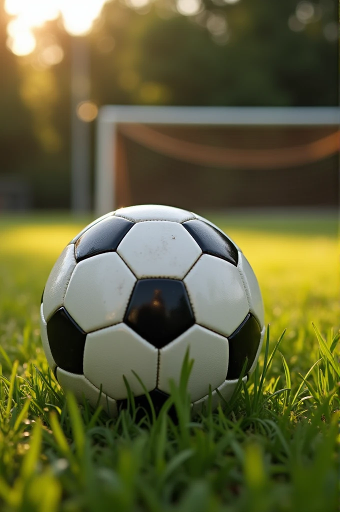 "A close-up of a classic black and white soccer ball resting on a grassy field with a blurred soccer goal in the background. The field is lush and green, bathed in warm sunlight. The grass is slightly uneven, with patches of taller blades near the ball, adding to the natural outdoor setting. The soccer goalposts are slightly rusty, hinting at frequent use, and the surrounding trees are dense, casting light shadows on the field. The overall atmosphere is calm, with a focus on the soccer ball as the central object."