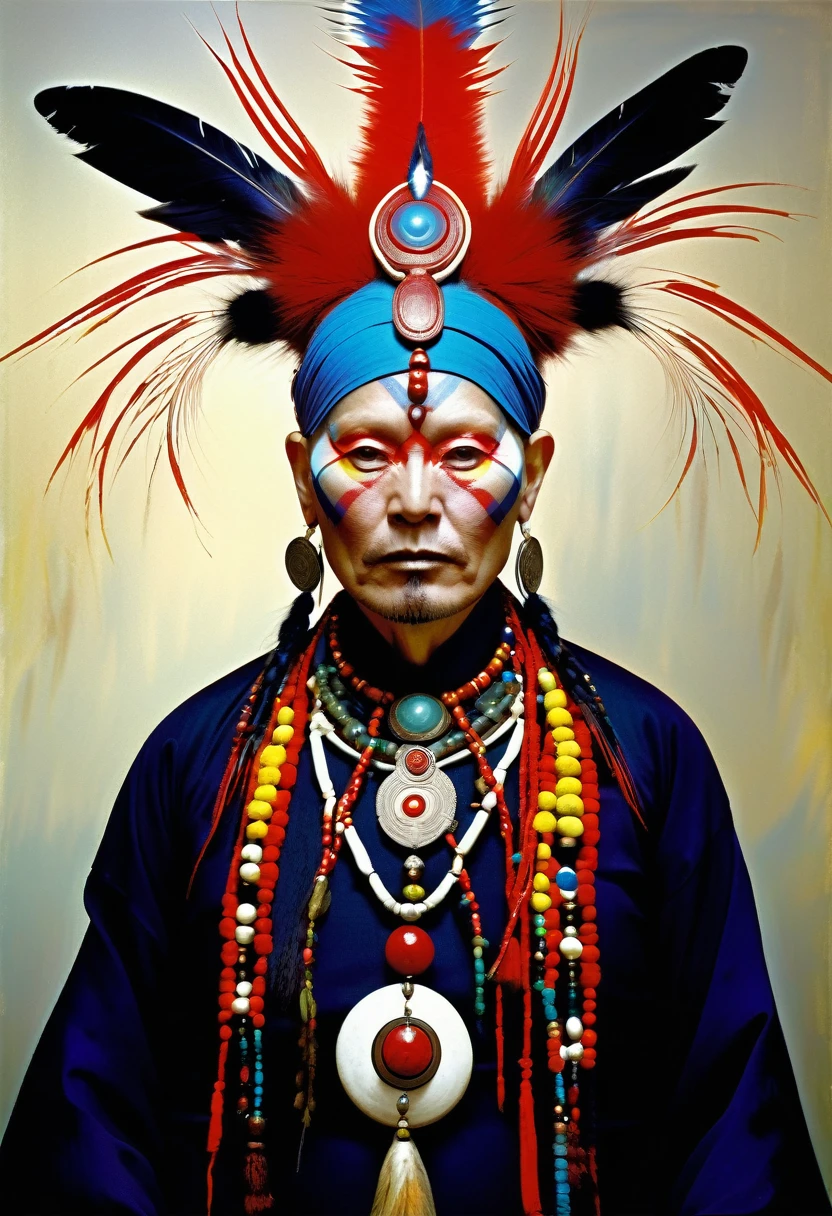 A Shaman's with shamanic wear with cryptic symbols glowing colourfull shamanic ornaments dynamic pose by Michael hussar --s 250 --ar 2:3