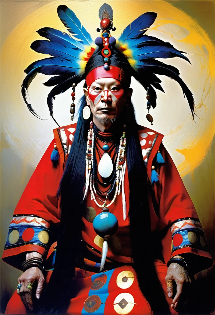 A Shaman's with shamanic wear with cryptic symbols glowing colourfull shamanic ornaments dynamic pose by Michael hussar --s 250 --ar 2:3