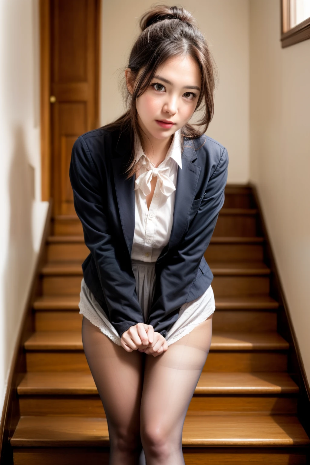 (masterpiece, Highest quality, High resolution, 超High resolution, Pixel perfect, Written boundary depth, 4K, RTTX10.0, High resolution))), (One Woman:1.3), Beautiful Real Woman, Beautiful art style, ((Detailed face:1.2)), ((Smooth texture:0.75, Realistic texture:0.5, Real CG style)), (Maximum resolution: 1.2), Cinema Lighting, ((Highest quality)), ((masterpiece)), (High resolution), 8k, Best Shadow, The best natural light, Cinematic, (Adult woman going down the stairs:1.2), (Brown Hair,)、shy、ponytail, Red ribbon, (Navy Blue Blazer, Brown cardigan, White shirt, Checked skirt))、(Navy blue socks)、((Front view))、(Angle from the front:1.1)、Station stairs、City Stairs, (Skirt flipped up by the strong wind:1.3), (A perfect skirt of uniform length:1.4), Stylish white side-tie lace panties, Ultra-realistic pantyhose、Pantyhose and skirt、Slender body,Beautiful thighs, (Embarrassed look), Pulling on skirt, Legitimate, Woman and consent photo shoot, Wind lift