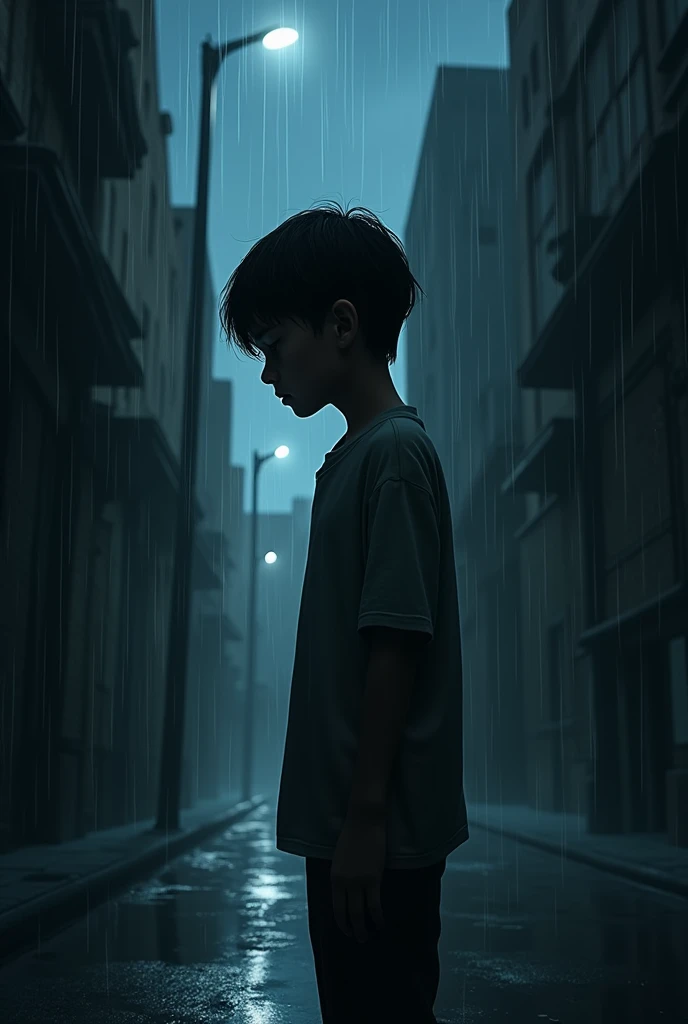 A sad boy crying standing alone at a creepy rainy night