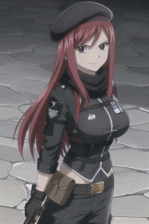 1girl, solo, Erza Scarlet, Fairy Tail, red hair, long hair, big breasts, facing the viewer, looking at viewer, sidelocks, black uniform, long sleeves, (bulletproof vest), (black scarf), belt pouches, (tactical belts), black cargo pants, black gloves, black beret, (black hat), (badges), (simple dark background), smile