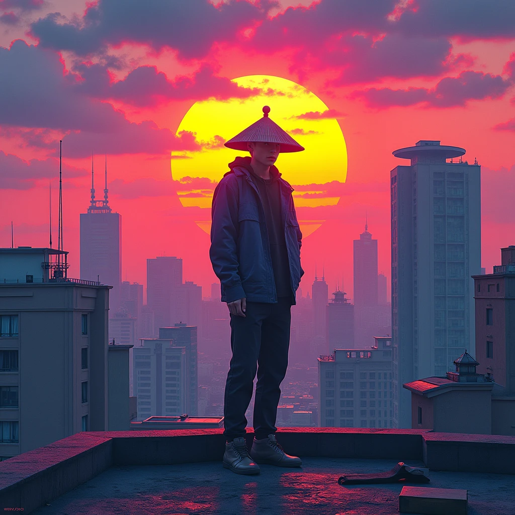 Album Artwork of an urban landscape featuring a psychedlic sunset with VIBRANT COLORS AND a boy of 20 years in the rooftop of a building swearing urban clothes and a chinesse douli hat without revealing his face.