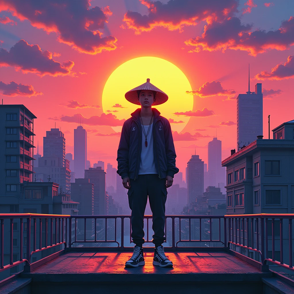 Album Artwork of an urban landscape featuring a psychedlic sunset with VIBRANT COLORS AND a boy of 20 years in the rooftop of a building swearing urban clothes and a chinesse douli hat without revealing his face.