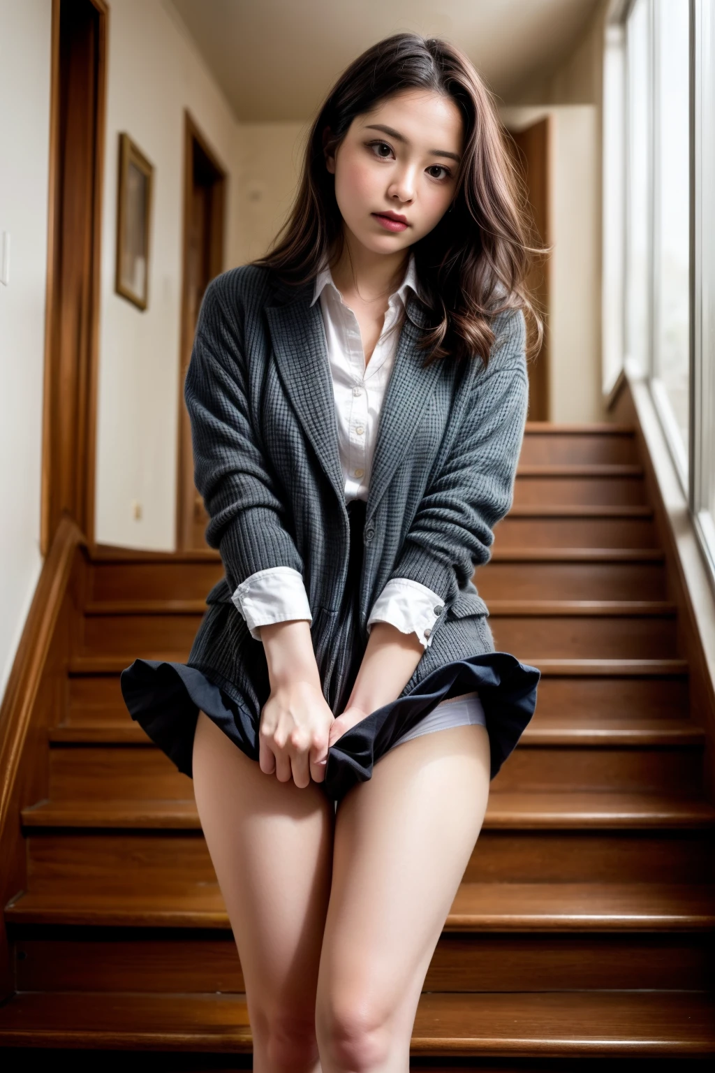 (masterpiece, Highest quality, High resolution, 超High resolution, Pixel perfect, Written boundary depth, 4K, RTTX10.0, High resolution))), (One Woman:1.3), Beautiful Real Woman, Beautiful art style, ((Detailed face:1.2)), ((Smooth texture:0.75, Realistic texture:0.5, Real CG style)), (Maximum resolution: 1.2), Cinema Lighting, ((Highest quality)), ((masterpiece)), (High resolution), 8k, Best Shadow, The best natural light, Cinematic, (Adult woman going down the stairs:1.2), (Brown Hair,)、shy、ponytail, Red ribbon, (Navy Blue Blazer, Brown cardigan, White shirt, Checked skirt))、(Navy blue socks)、((Front view))、(Angle from the front:1.1)、Station stairs、City Stairs, (Skirt flipped up by the strong wind:1.3), (A perfect skirt of uniform length:1.4), Stylish white side-tie lace panties, Ultra-realistic pantyhose、Pantyhose and skirt、Slender body,Beautiful thighs, (Embarrassed look), Pulling on skirt, Legitimate, Woman and consent photo shoot, Wind lift