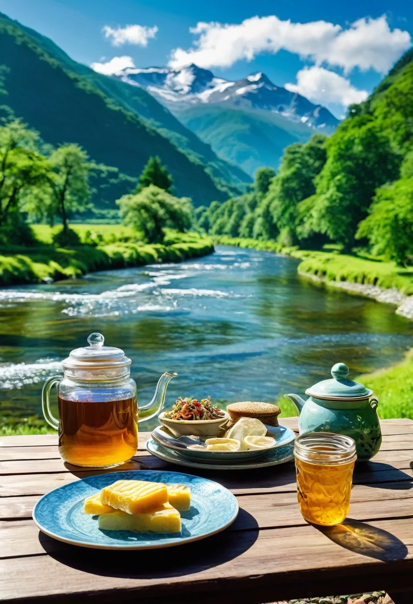 The image shows a wooden table with a plate of food and a glass jar of tea on it. The table is set up in front of a beautiful landscape with a river flowing through it and mountains in the background. The sky is blue and the trees are green, creating a peaceful and serene atmosphere. The mountains are covered in greenery and the water is crystal clear. The overall mood of the image is peaceful and idyllic.4k realistic