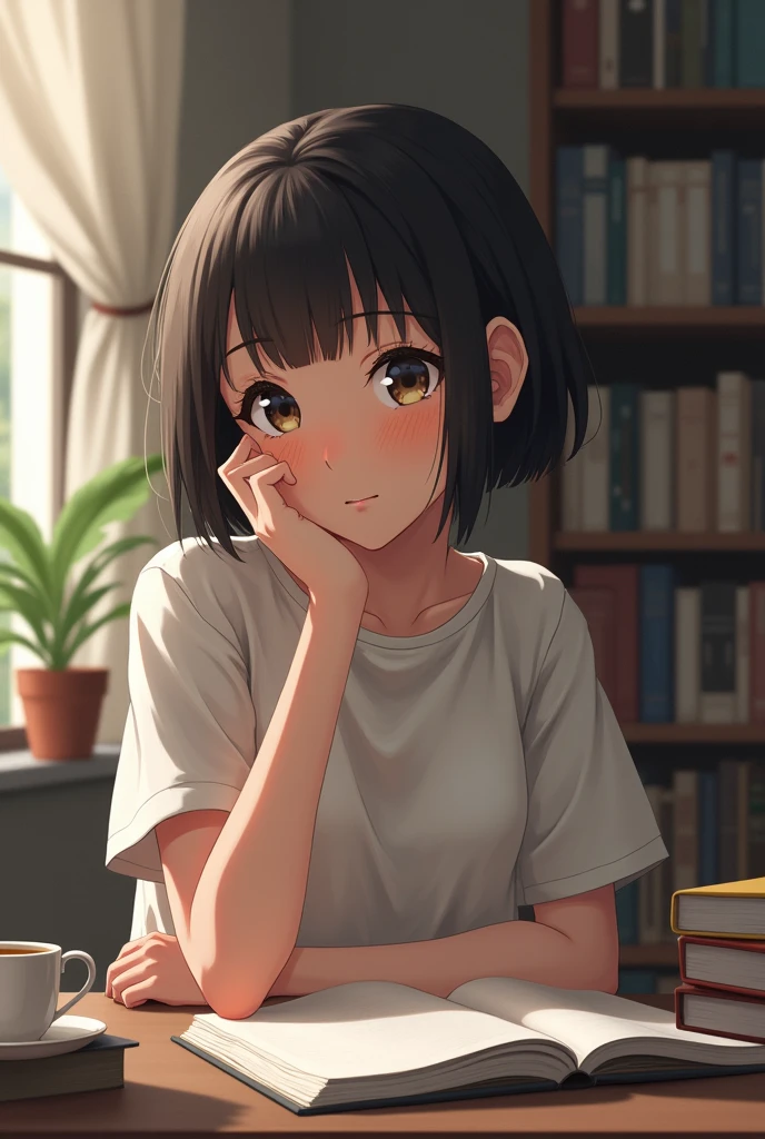 A short haired girl not studying for her test