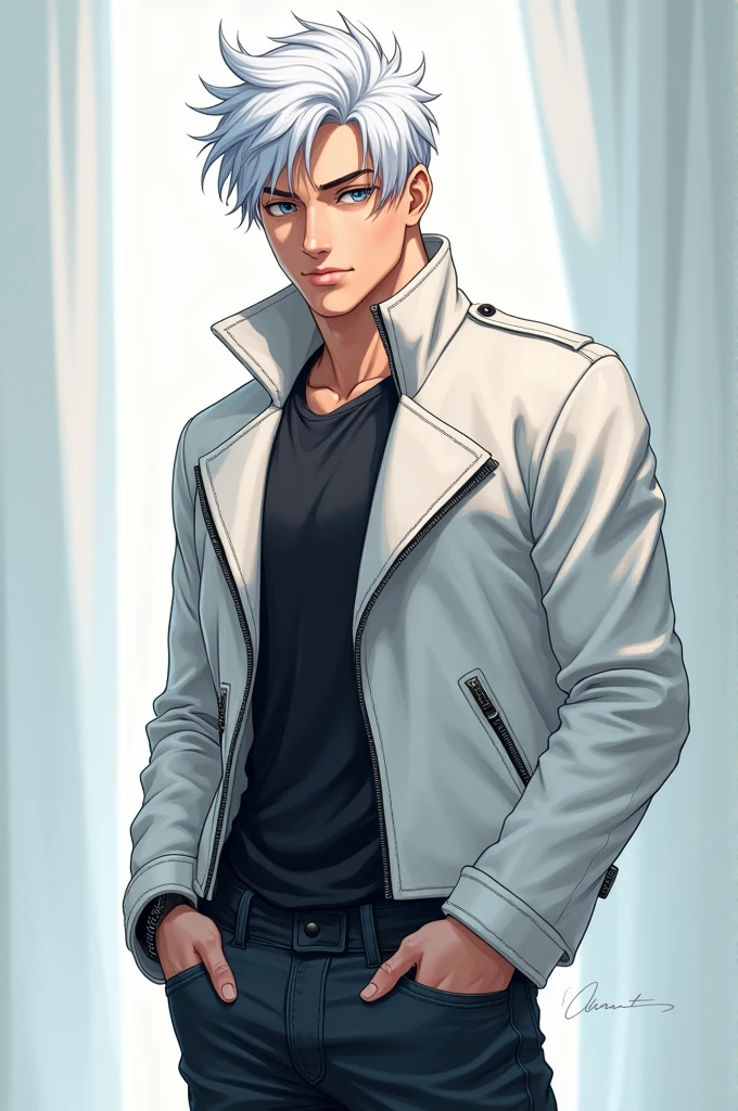 Anime-styled white haired 32 year old man with a white leather jacket and a pair of black jeans