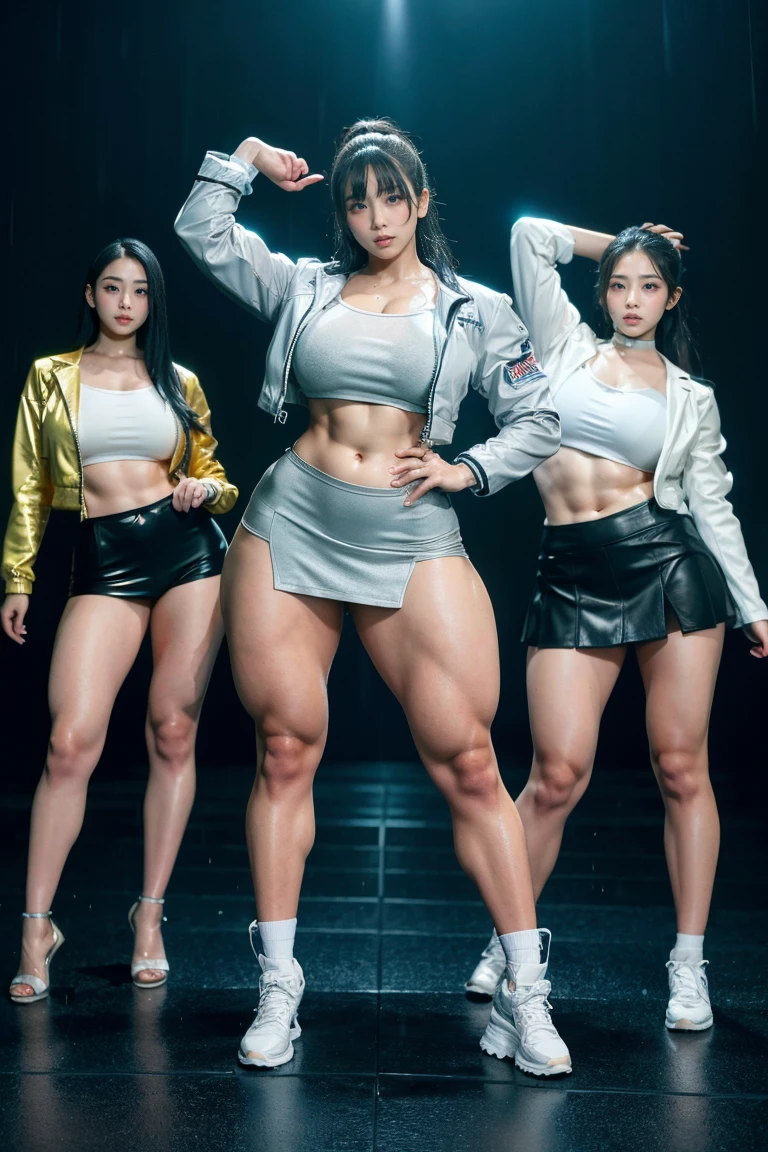 Ultra-high resolution, Realistic, Very detailed, Golden Ratio, Highest quality, Four people are standing full-body shot, (promotional photoshoot), (Are standing), Four people stand on the stage in high heels, (Four Beautiful female with Exemplary Figures), Beautiful Face, (Realisticな face), (biondeのショートカット:1.3), Korean bionde, bionde, long straight ponytail hair, hair band, Glare, Frowning, Drooling, Long Tongue, Verbal invitation, compensate, Frowning, Frowning, Surrealism, First Person View, First Person View, Wide-angle, Ultra-high resolution, Anatomically correct, Super detailed, 16K, (Four beautiful female standing side by side) (wide thighs), (Very long legs),(body builder girl), (wide muscles), ((sexy abdominal muscles)), (huge breasts),(very voluptuous body)