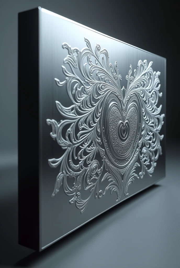 Illustrates an engraving made with a laser machine on a metallic or acrylic surface, transforming an idea into a unique and complex design. The engraving should stand out for its detail and clarity, showing how concepts can be turned into high-quality custom works. The surface should have a smooth and reflective finish, with the engraved design clearly standing out against the background, emphasizing the precision and craftsmanship of the laser engraving process.