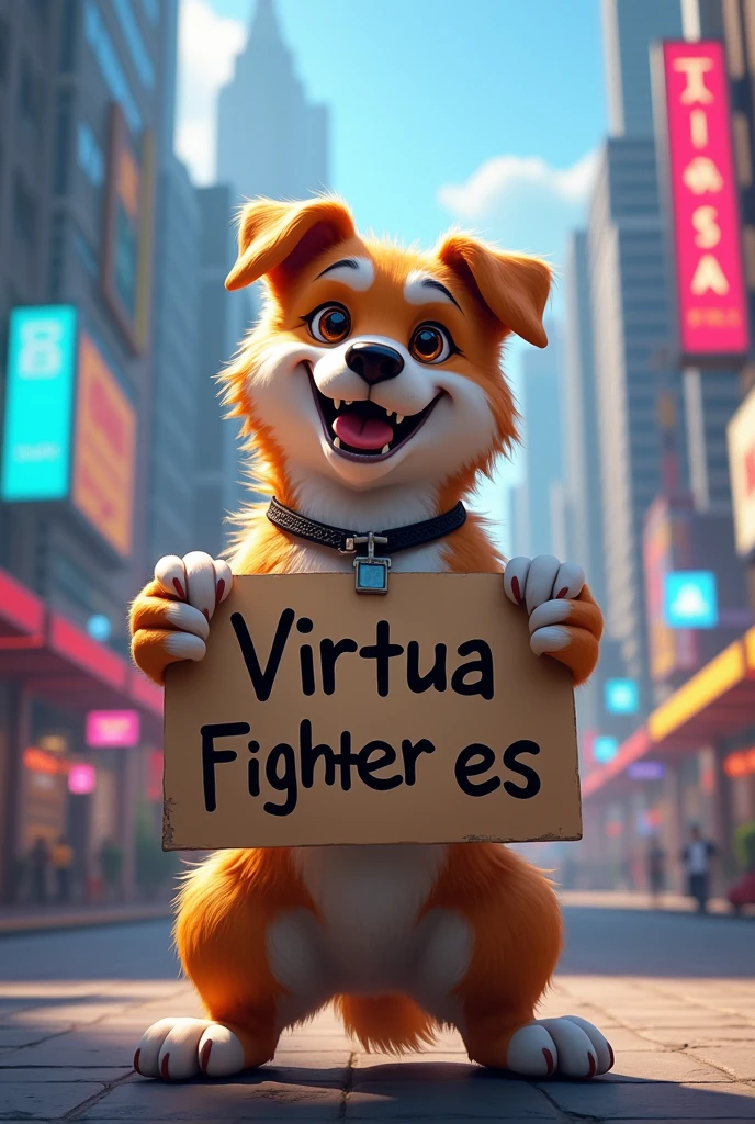 dog holds a sign that says "Virtua Fighter es"  