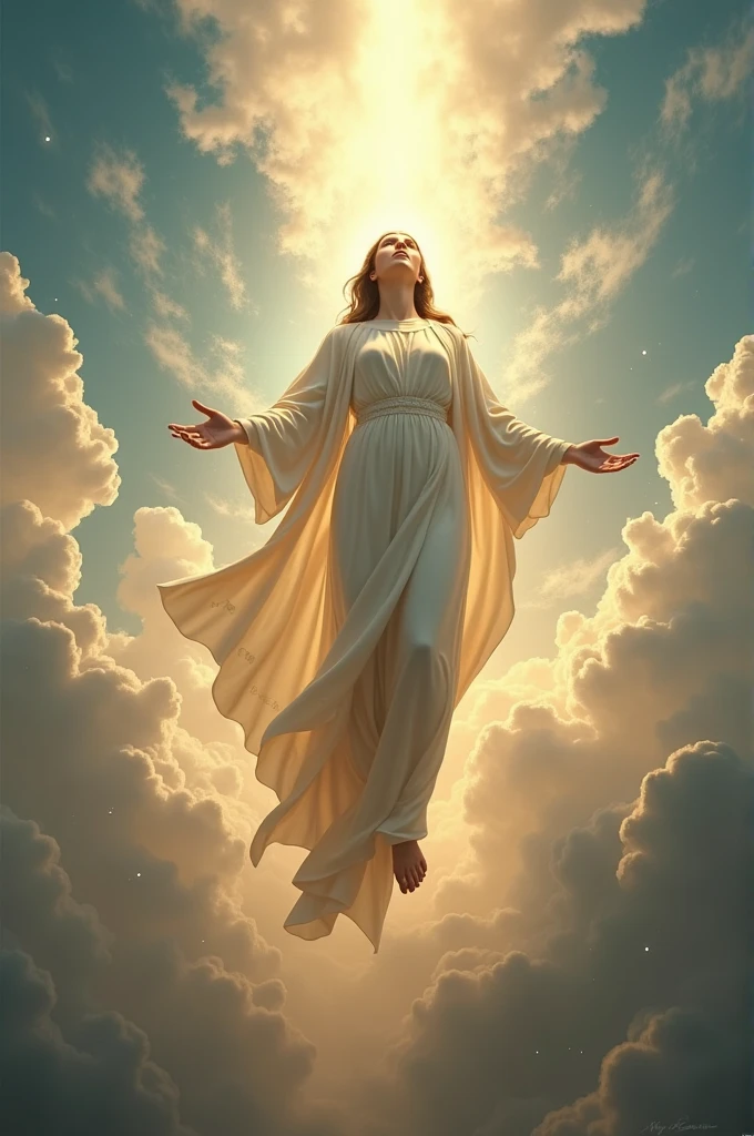 Crie uma imagem realista, Where the Virgin Mary ascends to heaven as a saint. The image needs to reflect the passage in the Bible where Paul describes his rapture.