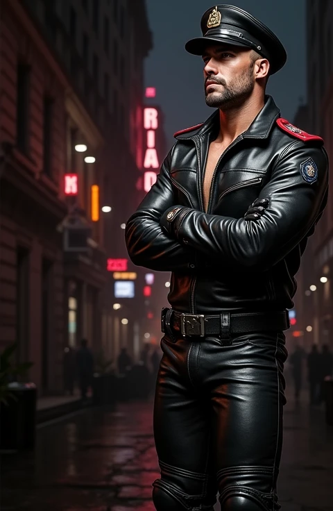a photorealistic image of a fit man in full leather attire, Bluf fetish uniform style, inspired by Tom of Finland. The Character is KAKE: a fetish leatherman. He bears a confident pose, wearing a fitted BLUF leather uniform: rocker jacket, tight pants, tall shinny riding boots, long gauntlet gloves and a classic officer leather cap. The background should be a vibrant urban setting, emphasizing a bold and edgy atmosphere.