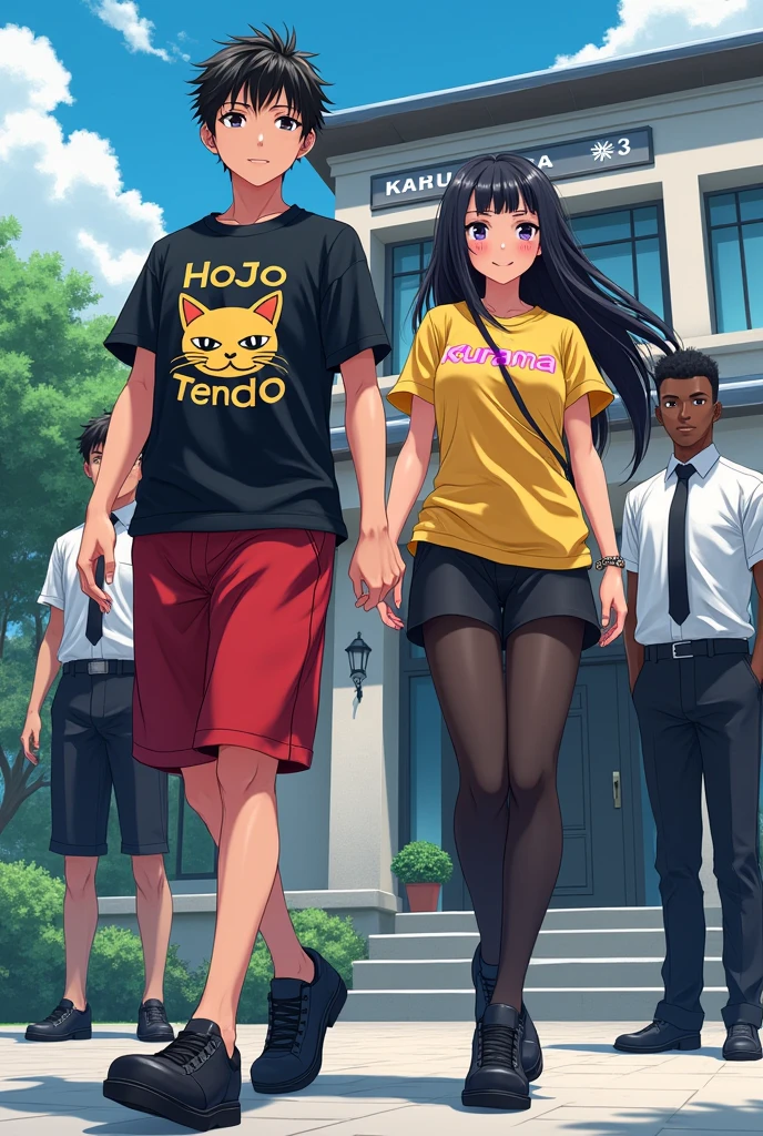 1 Japanese man,,Black short-sleeved shirt with a cat pattern that says Hojo Tendo. ,Red shorts,black shoes,1 Japanese girl with a young lady look,Age 18,My hair is long and black.,Yellow short-sleeved shirt with Neon Kurama written on it.,black shorts,Black pantyhose,black shoes,behind ,2,Bodyguard,1. White skin,1. Black skin,Luxury house written as Kuama Group,Anime