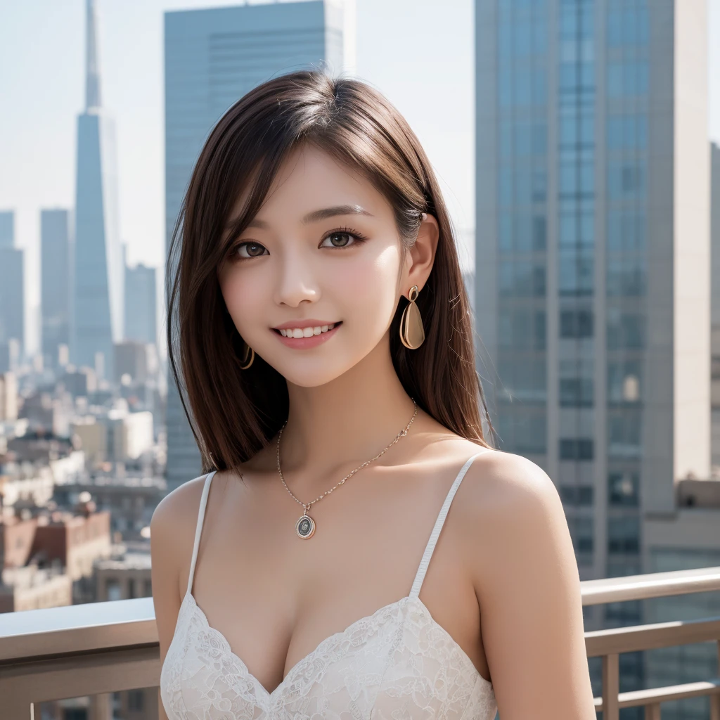Tabletop, Highest quality, shape, Very detailed, finely, High resolution, 8k wallpaper, 完璧なダイナミックな構shape, Beautiful and beautiful eyes, dress,Medium Hair, Center of chest, Natural color lip, Random sexy poses,smile,Tower apartment,Earrings,necklace