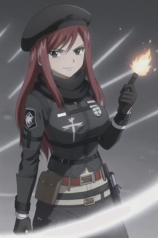 1girl, solo, Erza Scarlet, Fairy Tail, red hair, long hair, big breasts, facing the viewer, looking at viewer, sidelocks, black uniform, long sleeves, (bulletproof vest), (black scarf), belt pouches, (tactical belts), black cargo pants, black gloves, black beret, (black hat), (badges), (simple dark background), smile