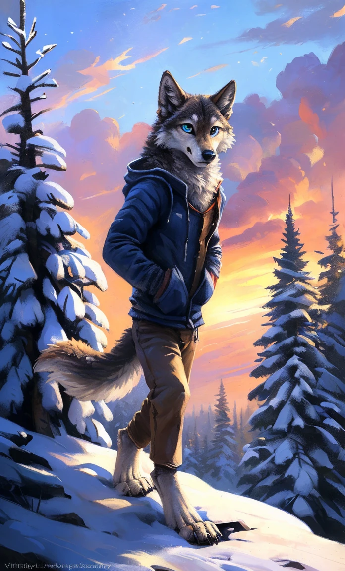 ((Solo)), male people, anthro wolf, (Multi-colored fur, White-brown:1.3，White tail pointed), (Height 2.1m,Tail length 1.2m), ((Wolf face, Big eyes, White eyelids, Blue pupil, Slim:1.2) (Tough, Calm expression:1.2)), Slim, pinging)), (Correct anatomy), (Winter clothing:1.1), The upper body  naked, (detailed outfits),A long big tail，Feet，(Realistic fur, Detailed fur texture, labeled:1.3)), (Natural lighting), Photorealistic, Hyperrealistic, ultradetailed, by Kenket，Snowfield，erect through，Running on