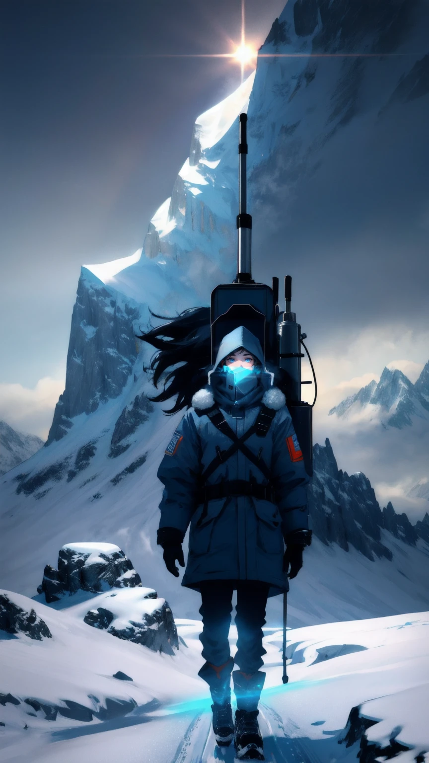A rugged, determined explorer, wrapped in winter gear, trudges through a snowstorm across a frozen landscape. On their back, a heavy backpack reads "Crypto Winter Survival Kit," adorned with various cryptocurrency symbols. The snow-covered ground beneath their feet reflects the deep blue of the sky, with mountains looming in the distance. The harsh winds swirl around them, yet they press on, their eyes set on the horizon, where faint rays of sunlight break through the storm clouds, offering a glimmer of hope.